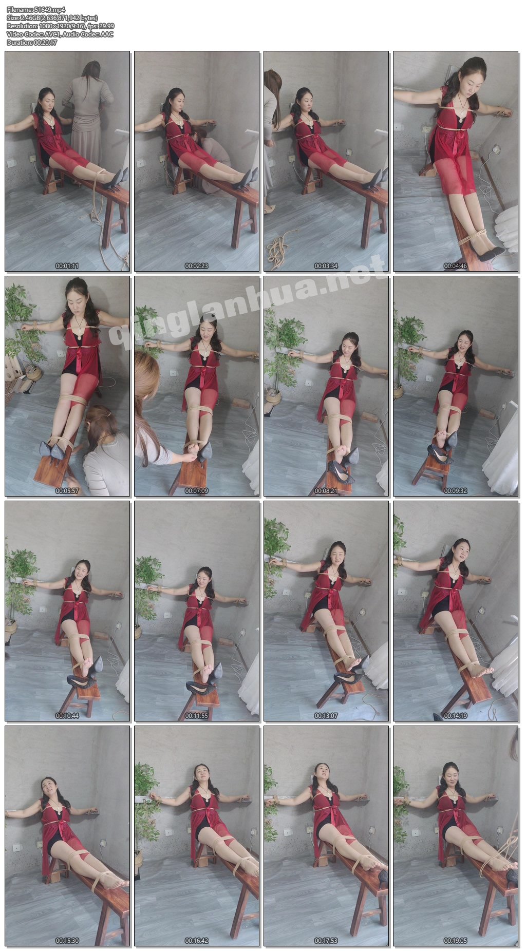 51649----【皖北绳艺】美艳少妇红色情趣内衣被绑老虎凳抽打，好享受.jpg